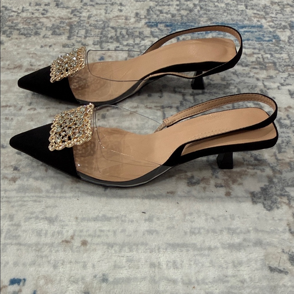 Elegant Pointed Toe Slingback Heels with Crystal Buckle - Black/Tan - Picture 3 of 7